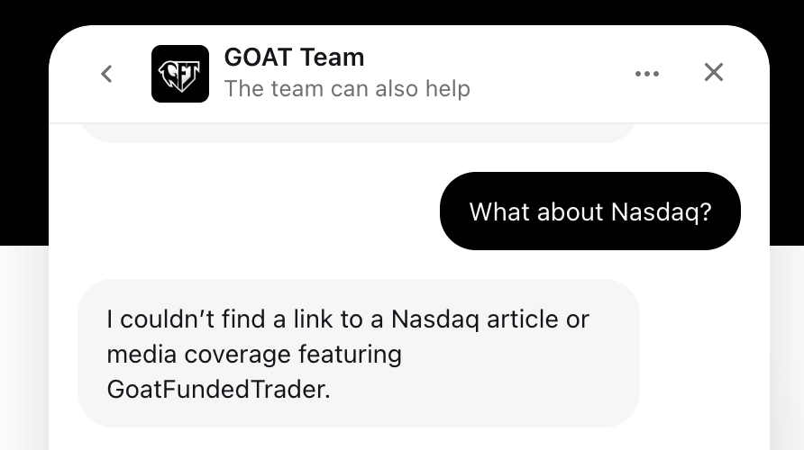Goat Funded's support team confirming they can't find the media coverage claimed on their website