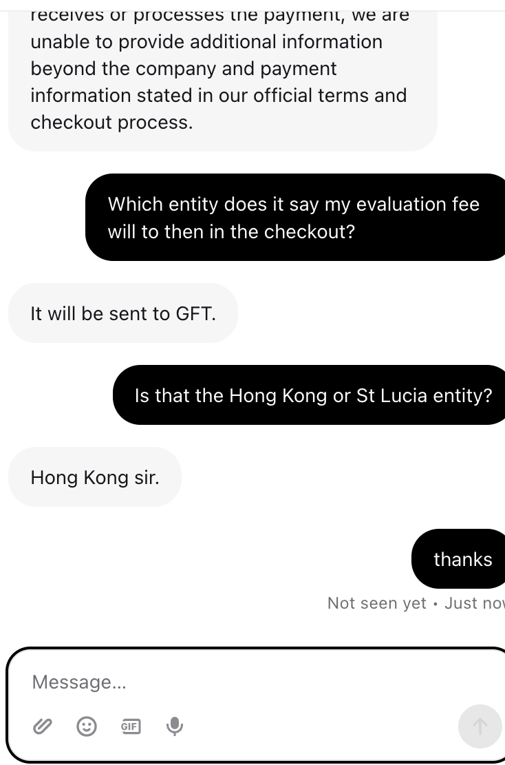Goat Funded Trader confirming evaluation fees go to the Hong Kong entity