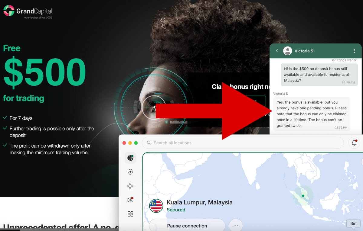 Grand Capital confirming no-deposit forex bonus is available in Malaysia
