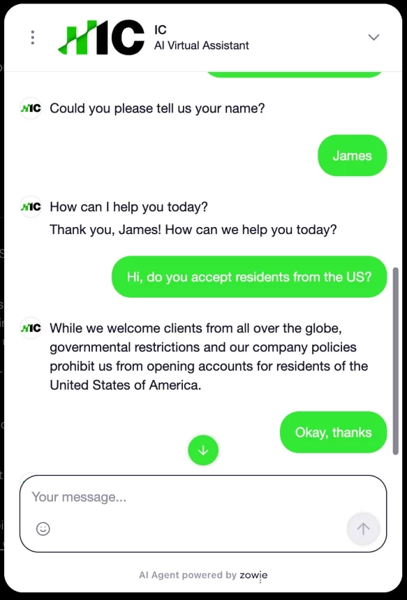 IC's support team confirming clients from the USA aren't accepted