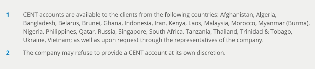 LiteFinance page showing list of countries for cent accounts
