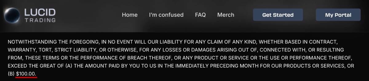 Lucid Trading Terms of Use limitation of liability clause