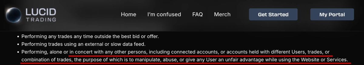 Lucid Trading Terms of Use about trading with others clause