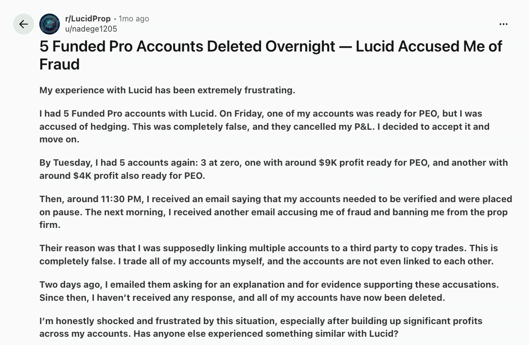 Reddit complaint about Lucid Trading not paying withdrawals