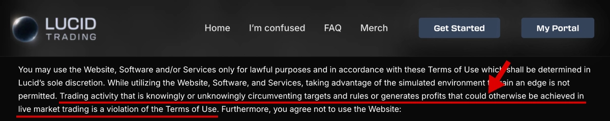 Lucid Trading Terms of Use about not making profits possible in real market trading 