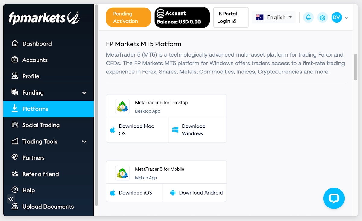 Downloading MT5 from the FP Markets’ Client Portal
