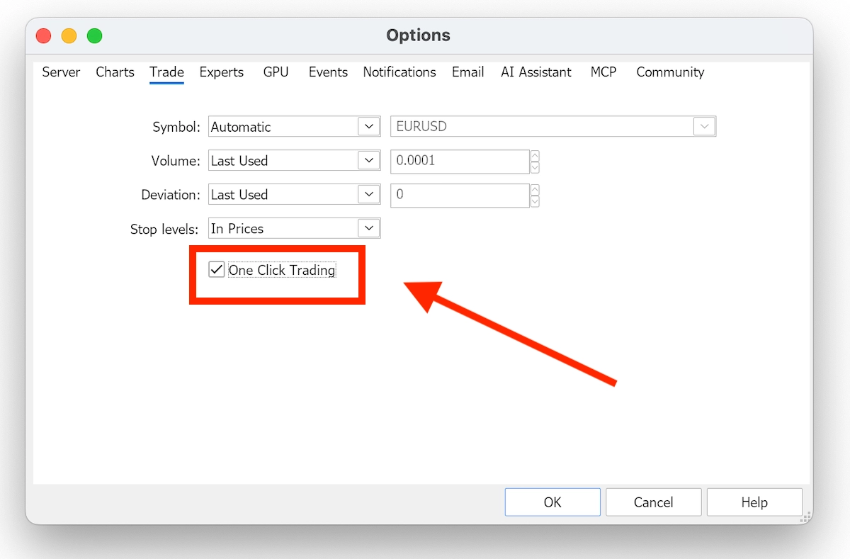 Turning on One Click Trading in MT5