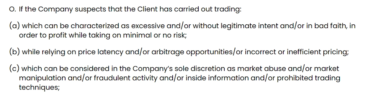 Exness client agreement on restricted trading setups