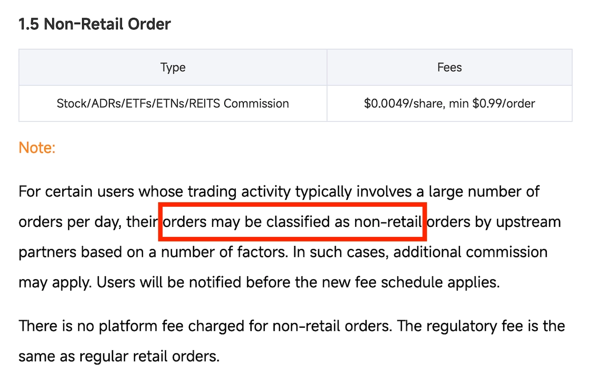 Non-retail order pricing in Moomoo's terms highlighted