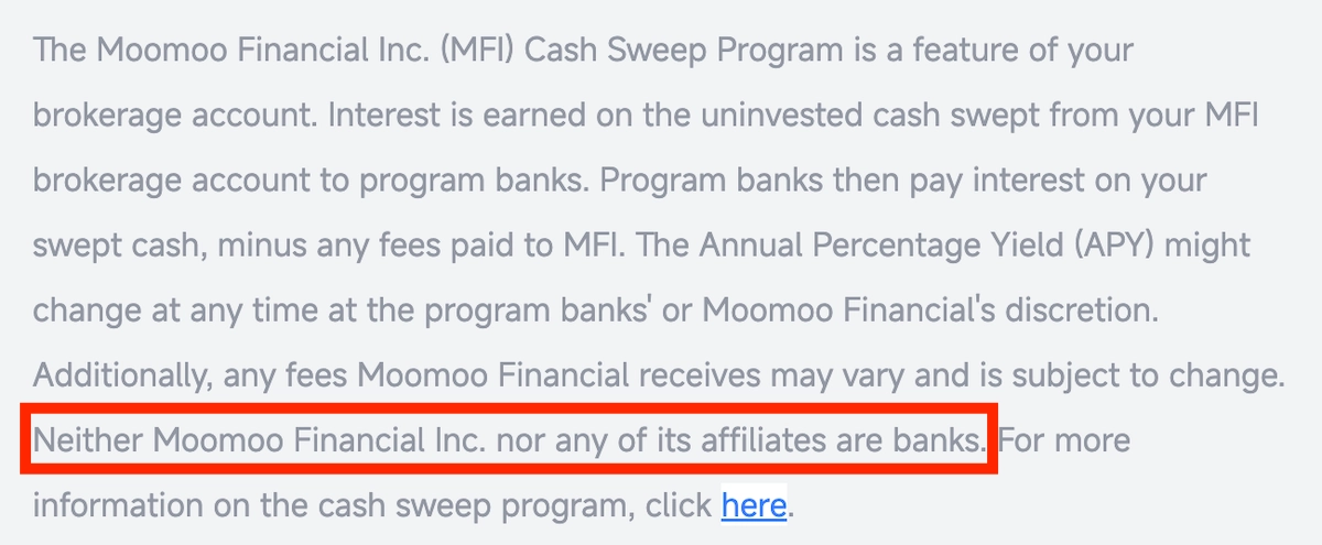 Moomoo website showing its entity and affiliates aren't banks