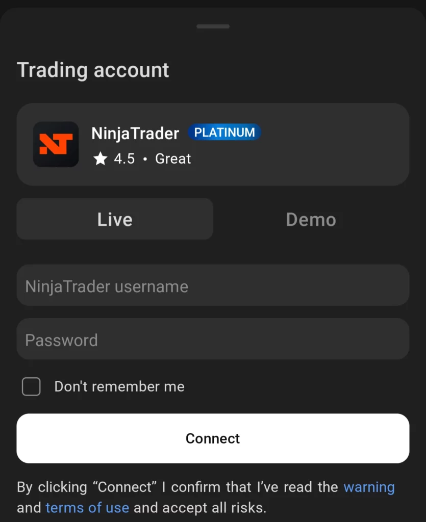 Connecting to NinjaTrader account form TradingView app