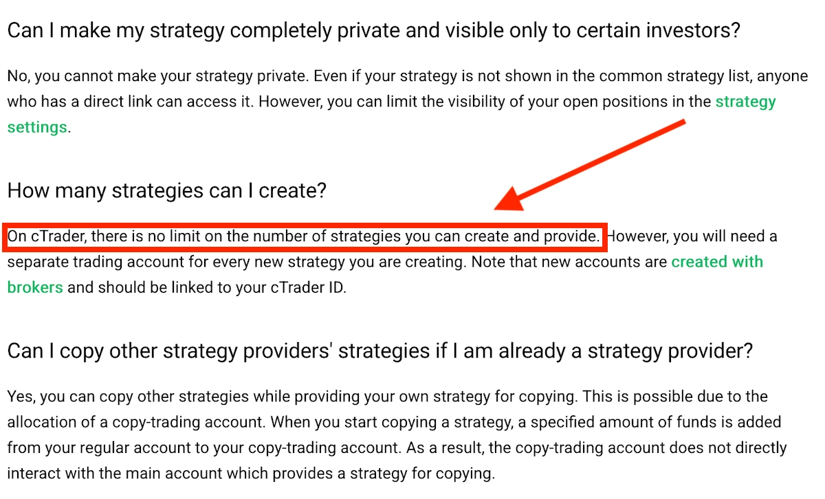 Terms showing no limit on cTrader Copy strategies