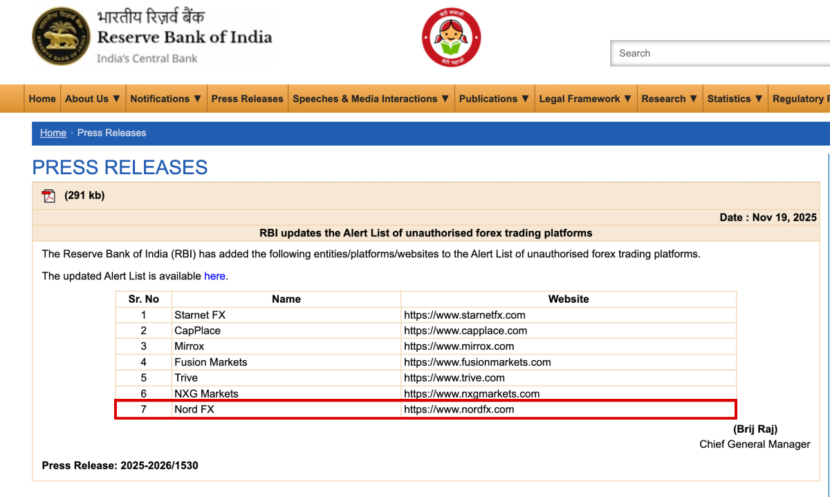 NordFX broker on RBI's Alert List