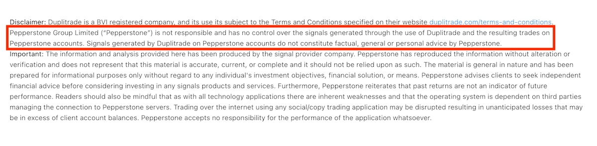 Pepperstone disclaimer on DupliTrade signals