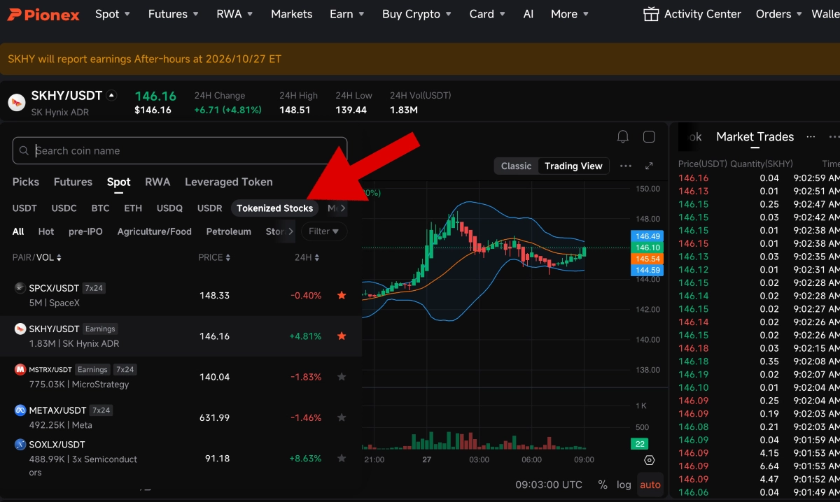Pionex trading platform with tokenized stocks menu highlighted