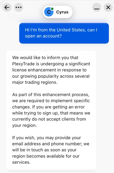 Plexytrade conversation with live chat support on whether US clients are allowed