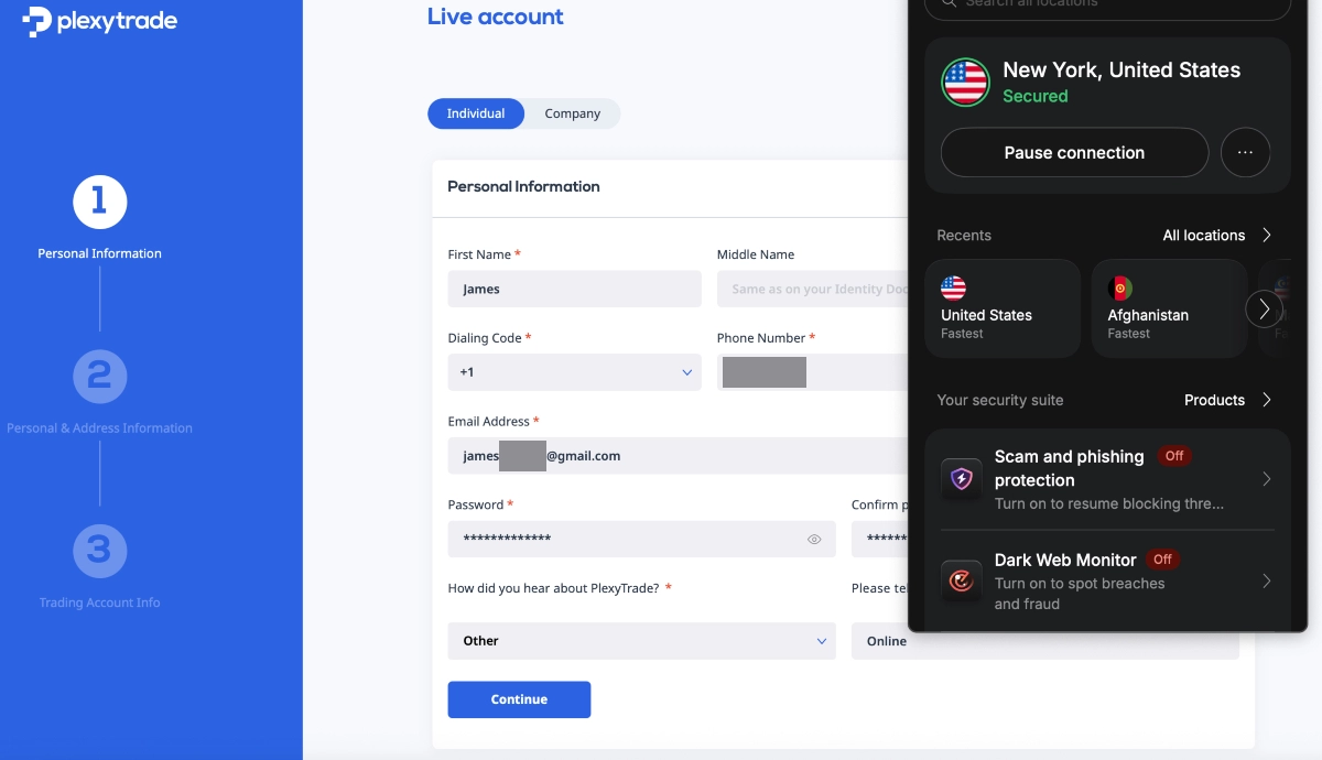 Filling out Plexytrade sign up form from New York