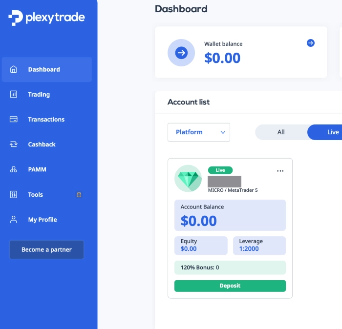 Plexytrade live account dashboard