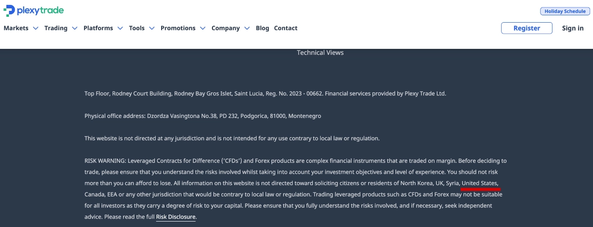 Plexytrade website showing it doesn't target US residents
