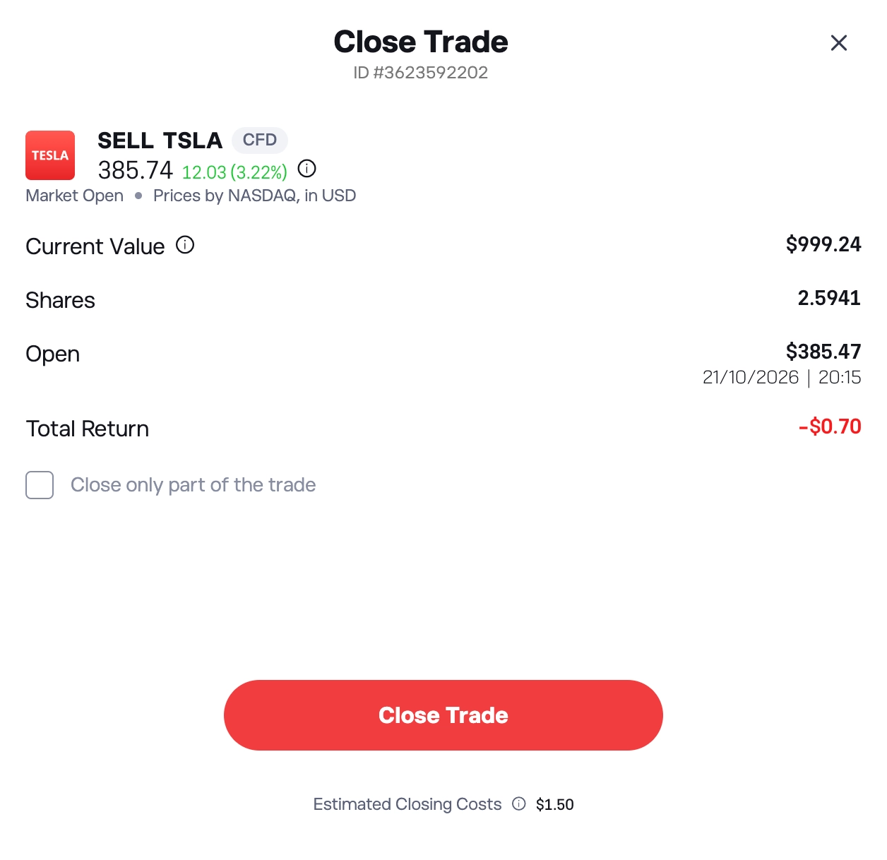 The Close Trade screen in the eToro web platform