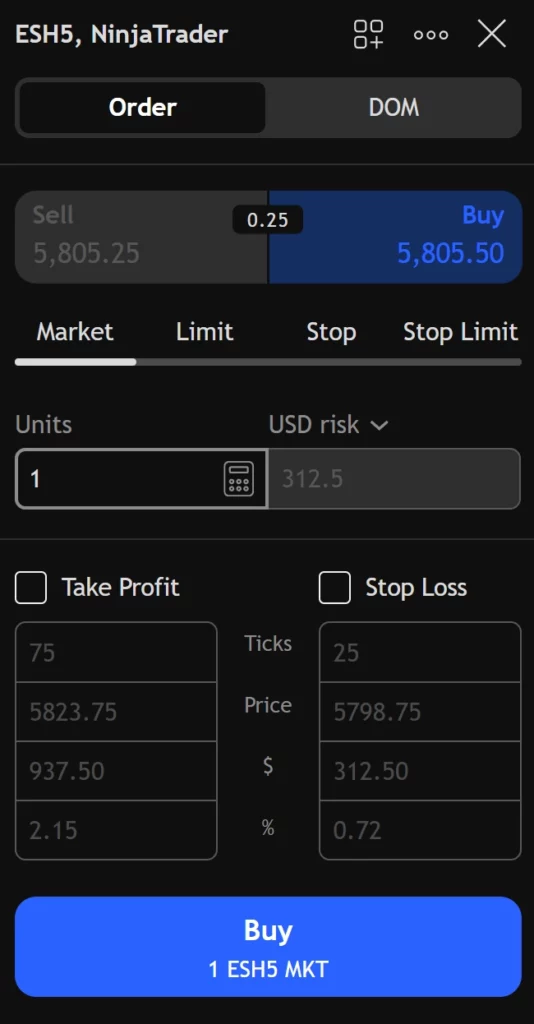 TradingView order ticket via NinjaTrader brokerage account