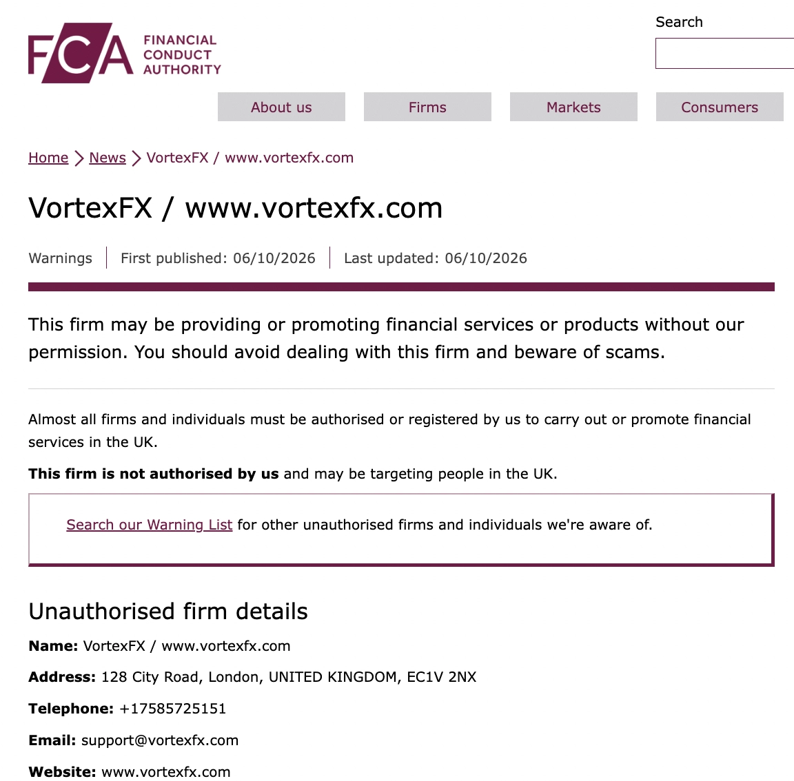 UK FCA's warning about Vortex FX broker