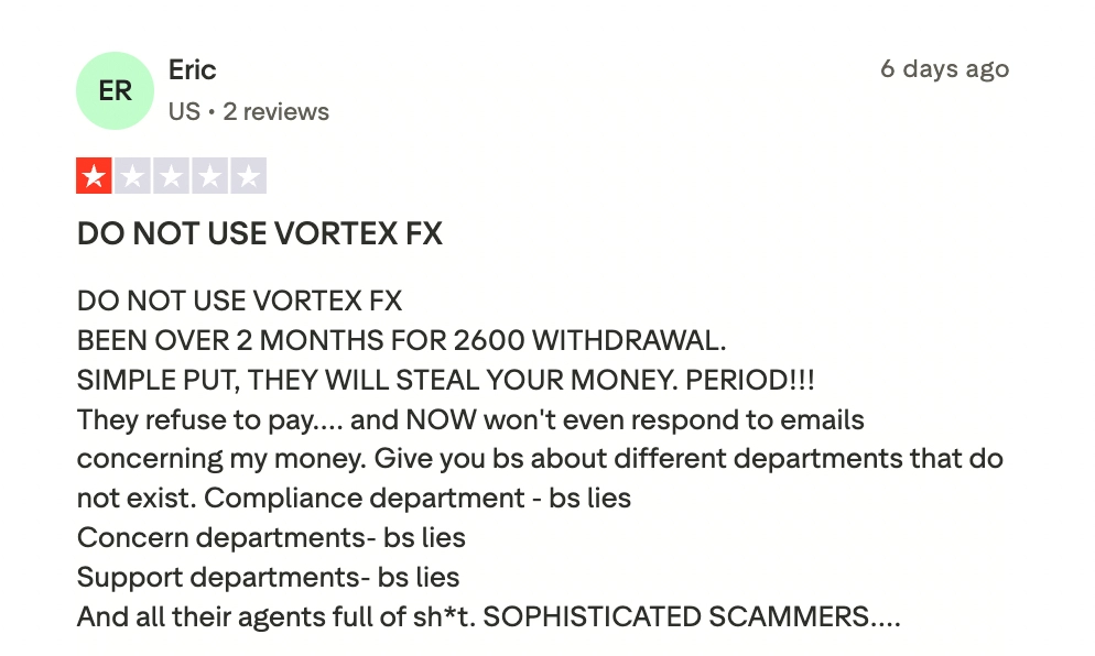 VortexFX Trustpilot review saying it's a scam broker
