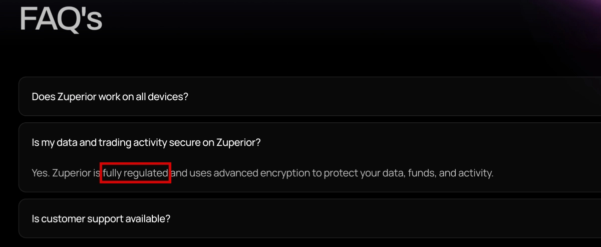 Zuperior saying it's fully regulated in website FAQ