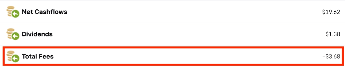 eToro portfolio History tab in the platform showing fees paid