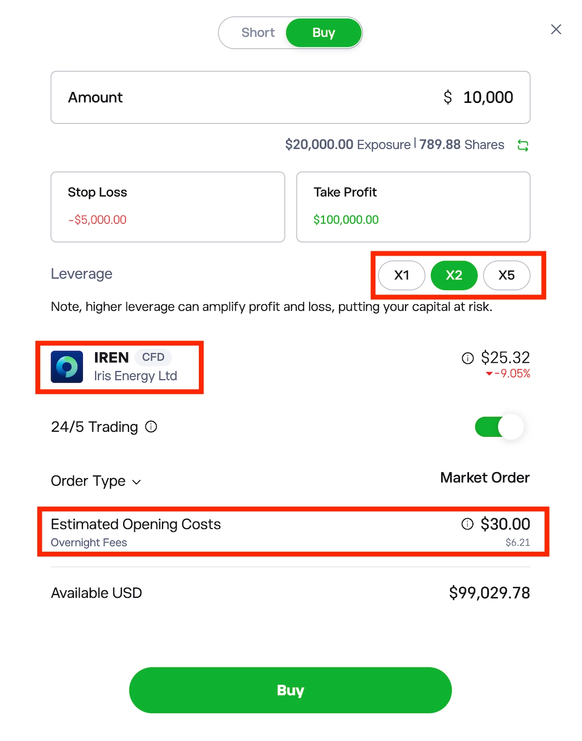 eToro trade screen with estimated CFD cost