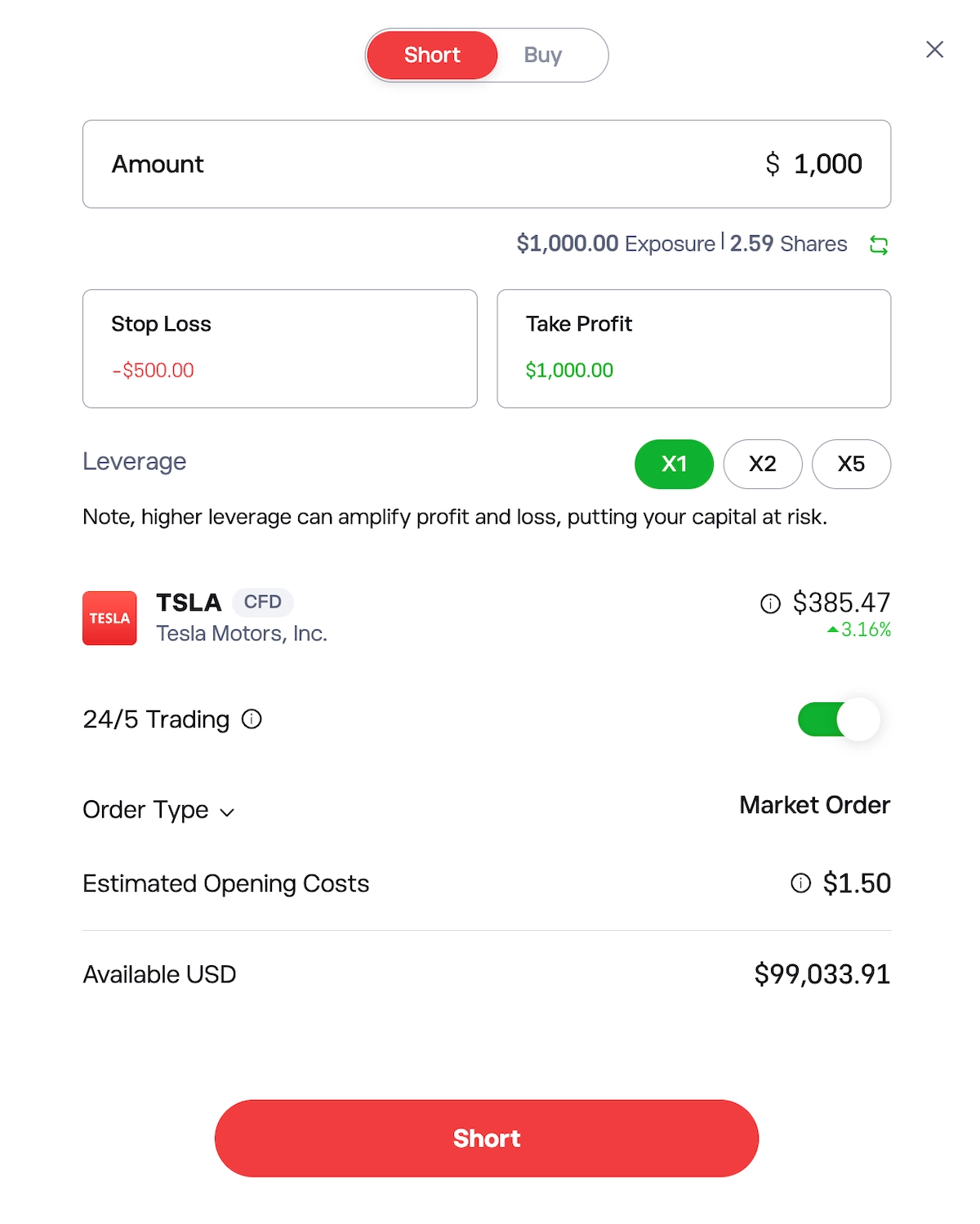 Short selected on the trade ticket in the eToro web platform