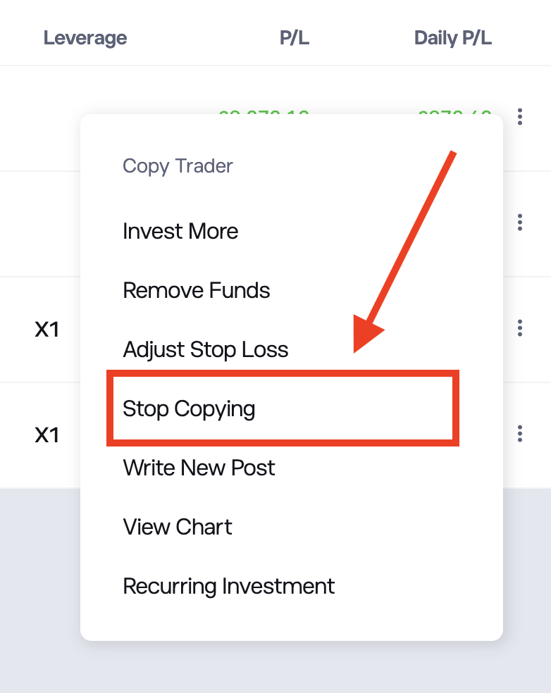 Stop Copying screen in the eToro web platform